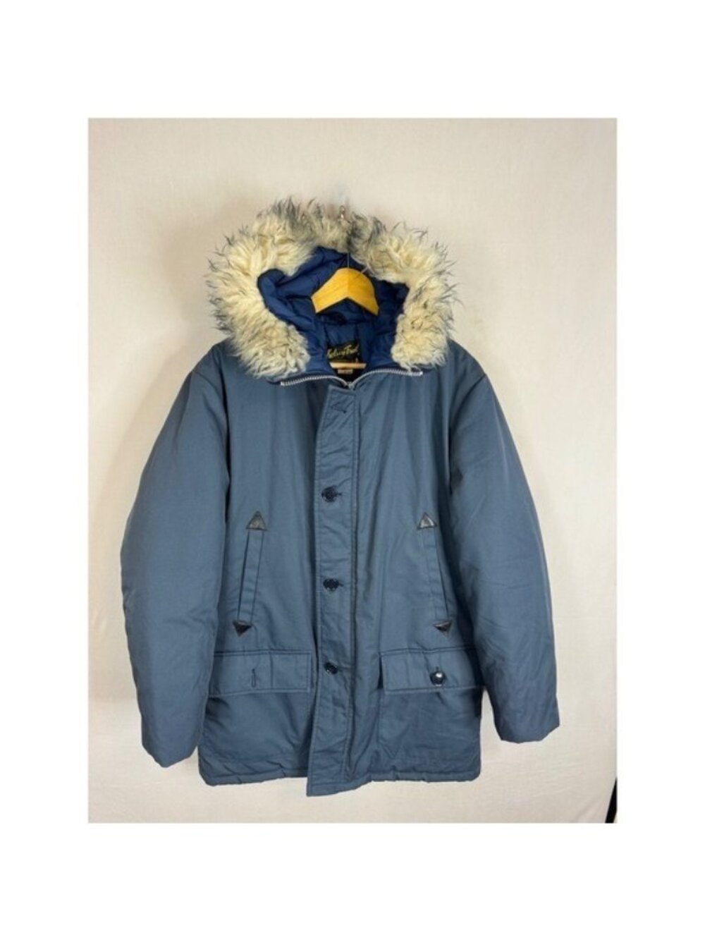 Vintage Kelsey Trail Navy Blue Faux Fur Trim Hooded Quilted Parka Jacket Mens 40
